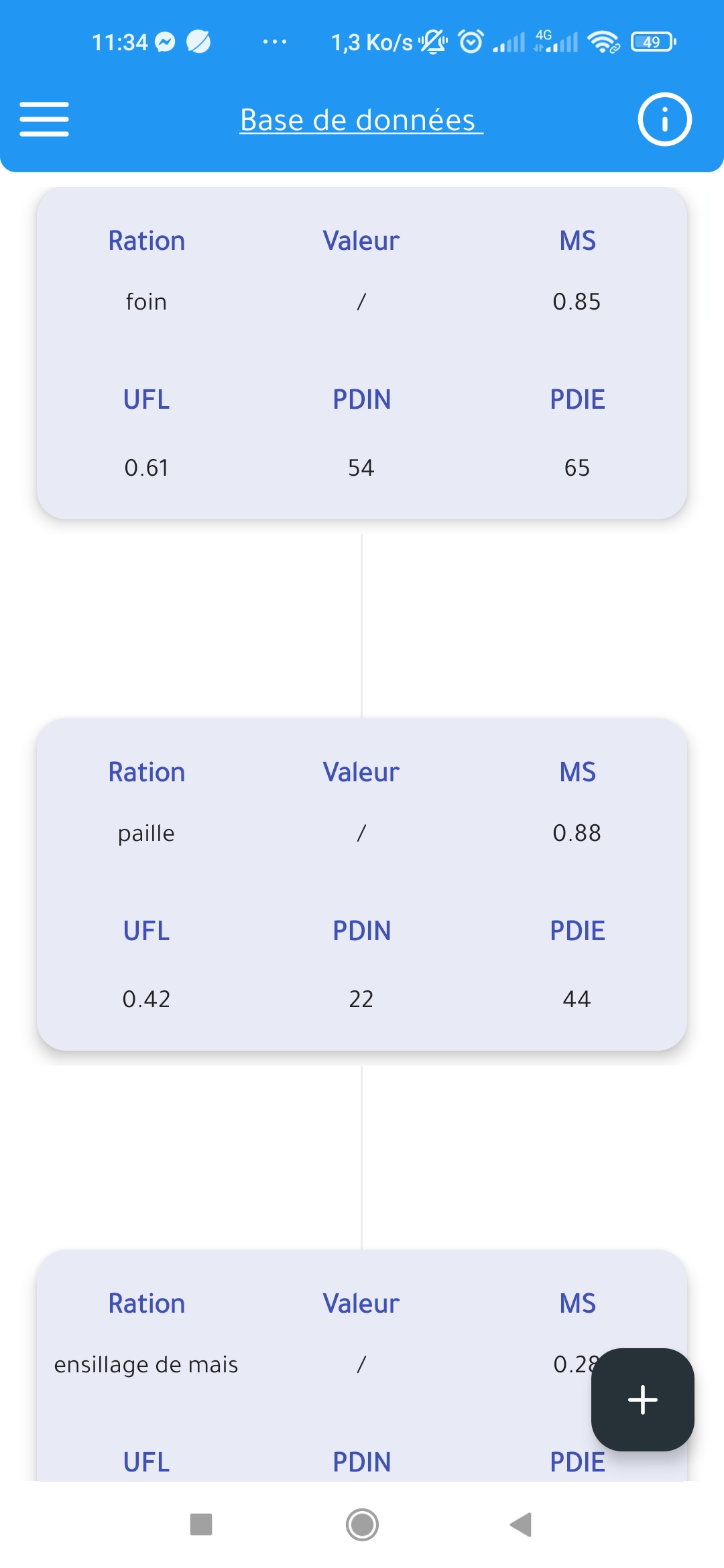 Ration calculation screen